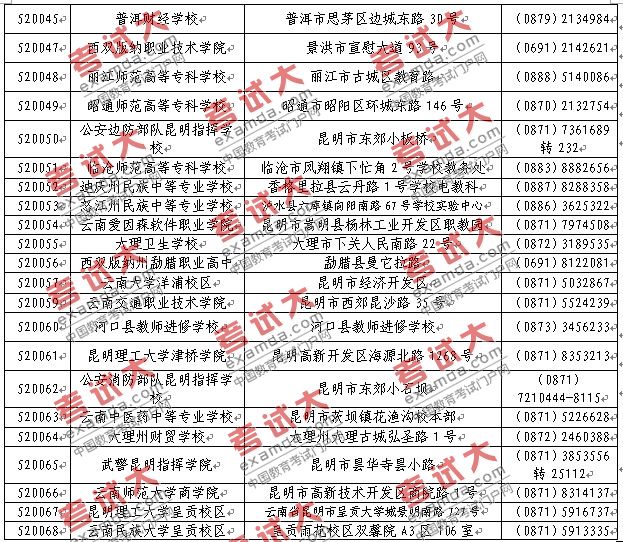 云南省2010年上半年第31次全国计算机等级考试（NCRE）考点设置