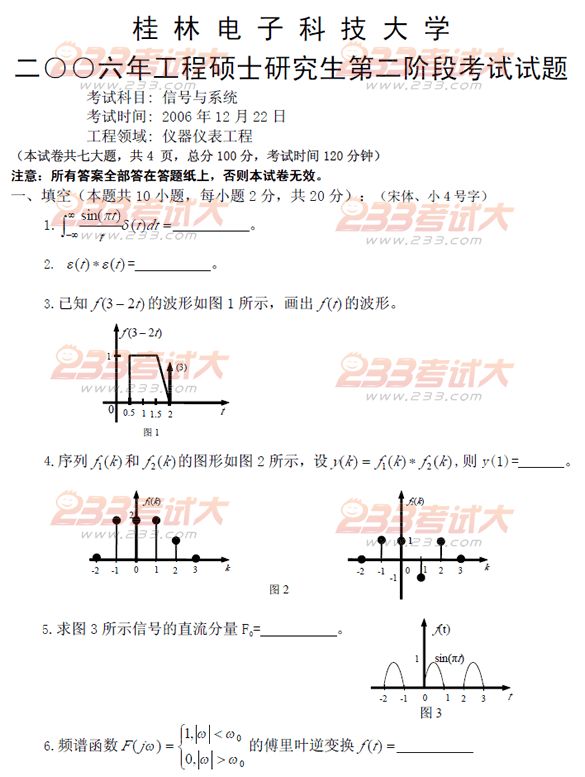 桂林电子科技大学2006年在职GCT信号与系统试题