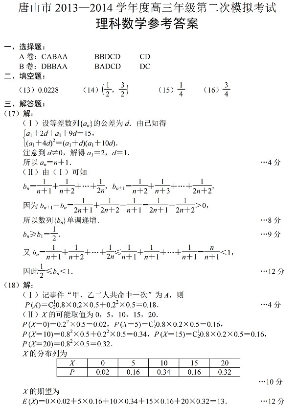 2014唐山二模数学试题及答案